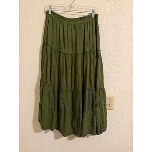 Nomadic Traders Fresco Olive Green Tiered Embroidered Rayon Maxi Skirt Womens L